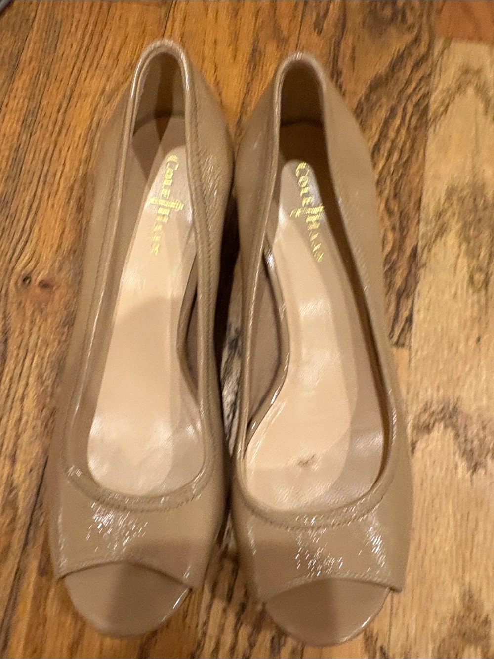 Cole Haan Taupe Patent Peep-Toe Heels